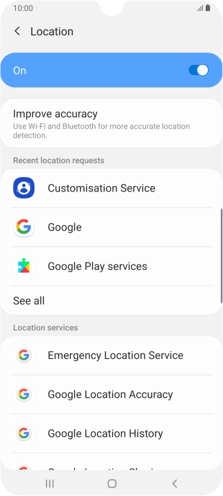 Press Google Location Accuracy. Press Google Location Accuracy.