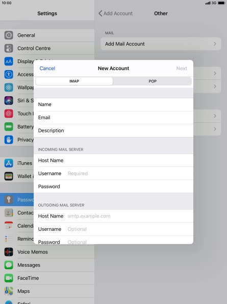 Press Username and key in the username for your email account. Press Username and key in the username for your email account.