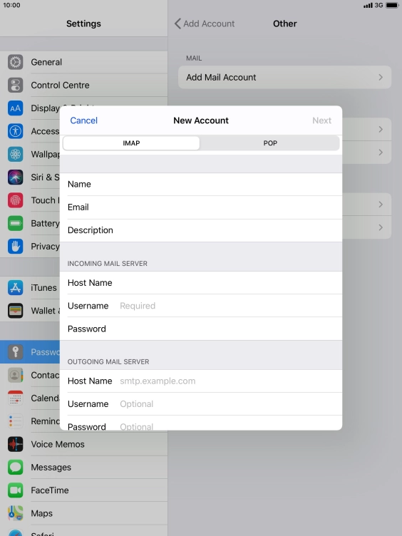Press Username and key in the username for your email account. Press Username and key in the username for your email account.