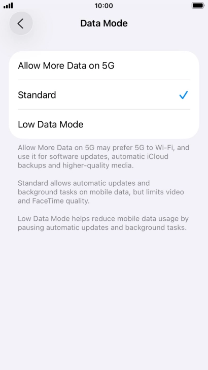 Press the required setting.