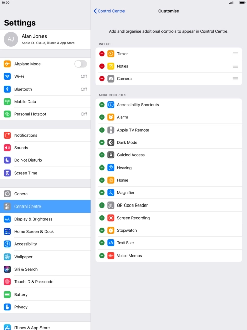 Press the delete icon next to the required function to remove it from Control Centre.