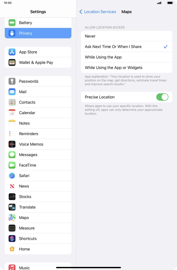 Press the required setting to turn the function on or off.