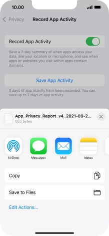 Press the required setting and follow the instructions on the screen to share or save the app activity report.