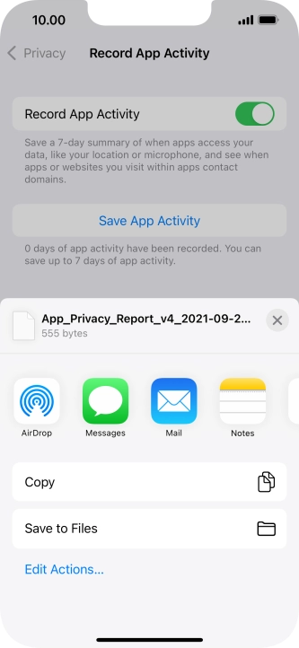 Press the required setting and follow the instructions on the screen to share or save the app activity report.