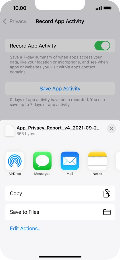 Press the required setting and follow the instructions on the screen to share or save the app activity report.