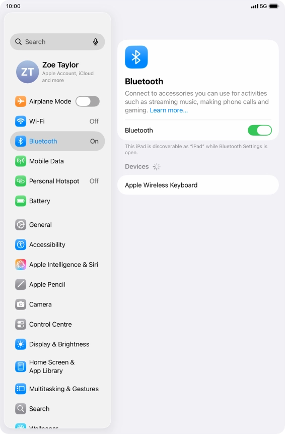 Press the required Bluetooth device and follow the instructions on the screen to pair the device with your tablet. Press the required Bluetooth device and follow the instructions on the screen to pair the device with your tablet.