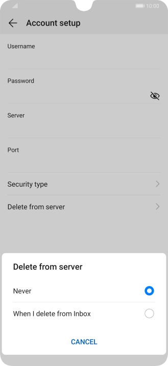 Press Never to keep email messages on the server when you delete them on your phone.