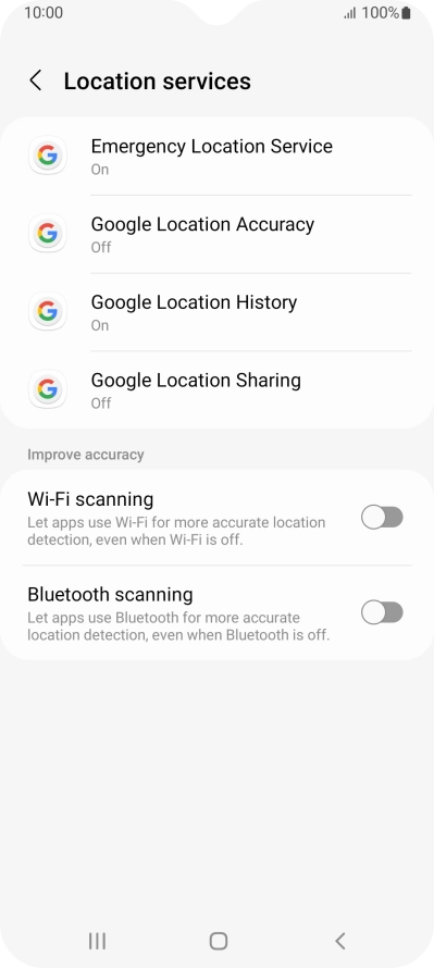 Press Google Location Accuracy. Press Google Location Accuracy.