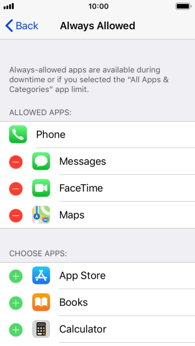 Press the add icon next to the required app to add it to the list of allowed apps during Downtime. Press the add icon next to the required app to add it to the list of allowed apps during Downtime.