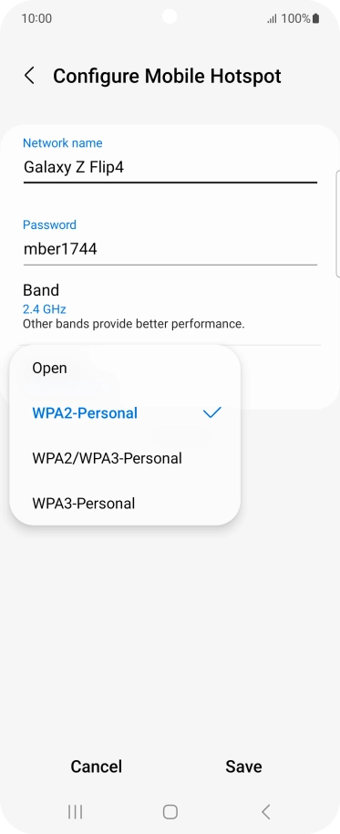Press WPA3-Personal to password protect your Wi-Fi hotspot. Press WPA3-Personal to password protect your Wi-Fi hotspot.