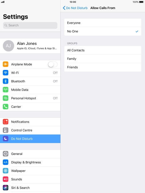 Press the required setting to select which contacts can call you even though Do Not Disturb is turned on. Press the required setting to select which contacts can call you even though Do Not Disturb is turned on.