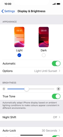 If you turn on the function, press Options and follow the instructions on the screen to select the required period of time for Dark Mode. If you turn on the function, press Options and follow the instructions on the screen to select the required period of time for Dark Mode.