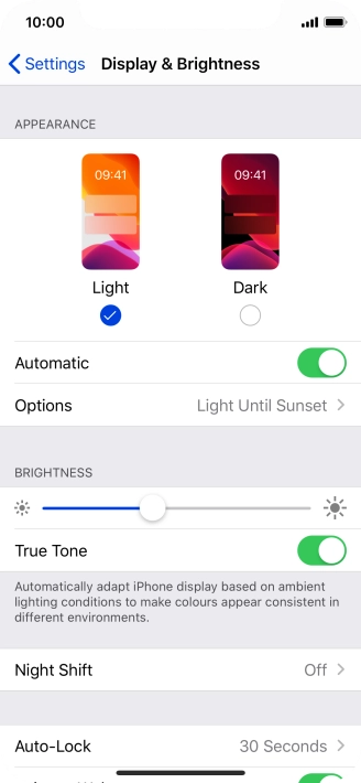 If you turn on the function, press Options and follow the instructions on the screen to select the required period of time for Dark Mode. If you turn on the function, press Options and follow the instructions on the screen to select the required period of time for Dark Mode.