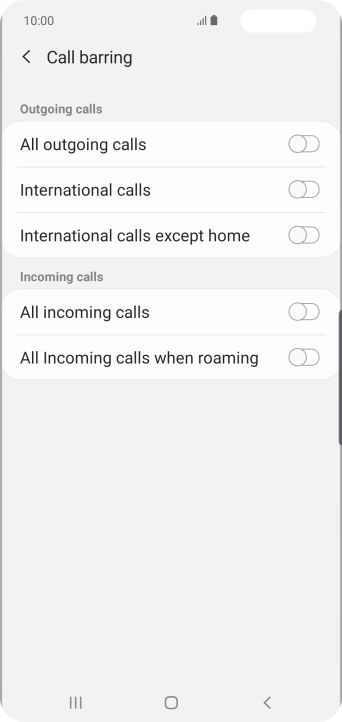 Press the required barring type to turn the function on or off. The default barring password is 0000. Press the required barring type to turn the function on or off. The default barring password is 0000.