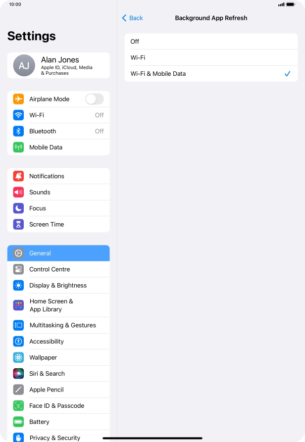 To turn off background refresh of apps, press Off. To turn off background refresh of apps, press Off.