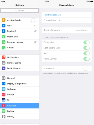 Press Turn Passcode On and key in a lock code of your own choice twice. Press Turn Passcode On and key in a lock code of your own choice twice.