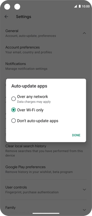 To turn on automatic update of apps using mobile network, press Over any network.