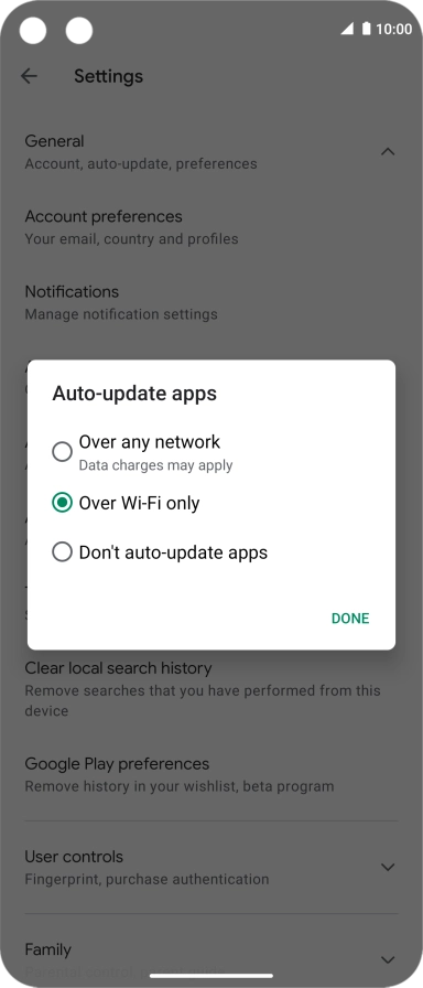 To turn on automatic update of apps using mobile network, press Over any network.