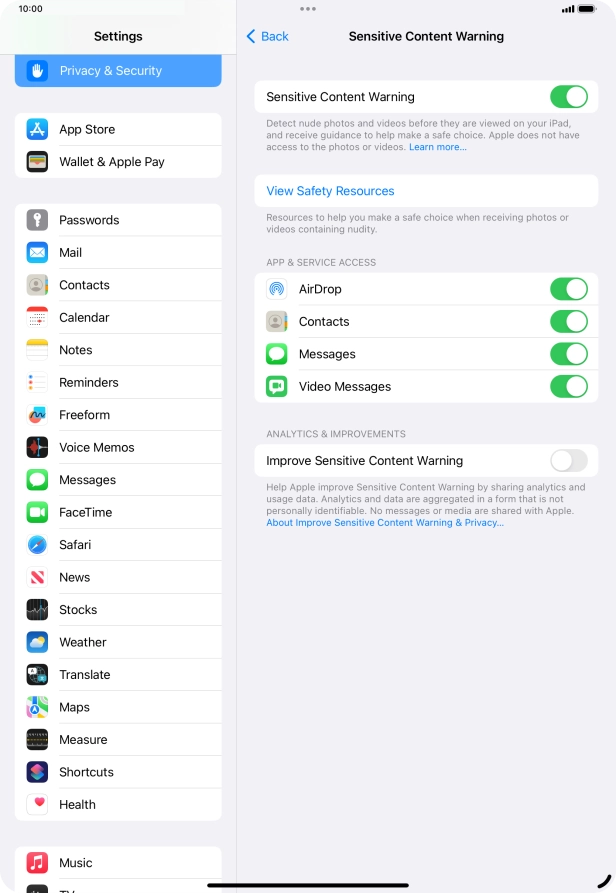 Press the indicators next to the required applications to turn the function on or off. Press the indicators next to the required applications to turn the function on or off.