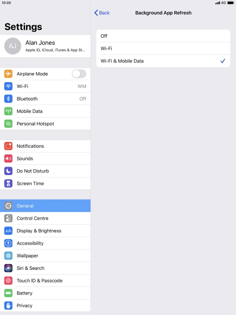 To turn off background refresh of apps, press Off. To turn off background refresh of apps, press Off.