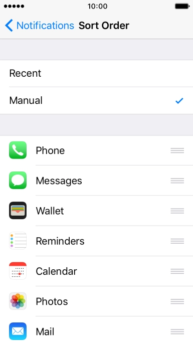 To sort notifications manually, press the organise icon next to the required menu item and drag it to the required position on the list. To sort notifications manually, press the organise icon next to the required menu item and drag it to the required position on the list.