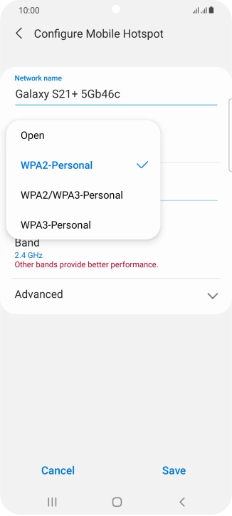 Press WPA2-Personal to password protect your Wi-Fi hotspot. Press WPA2-Personal to password protect your Wi-Fi hotspot.