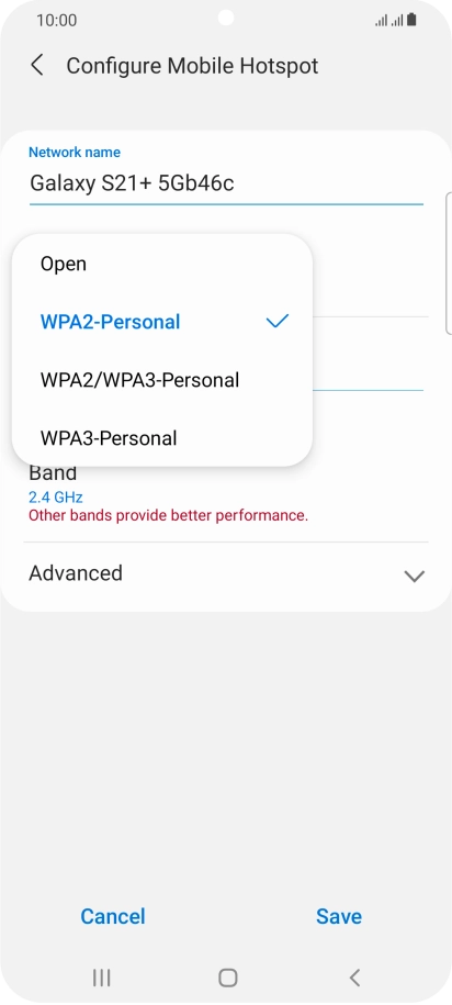 Press WPA2-Personal to password protect your Wi-Fi hotspot. Press WPA2-Personal to password protect your Wi-Fi hotspot.
