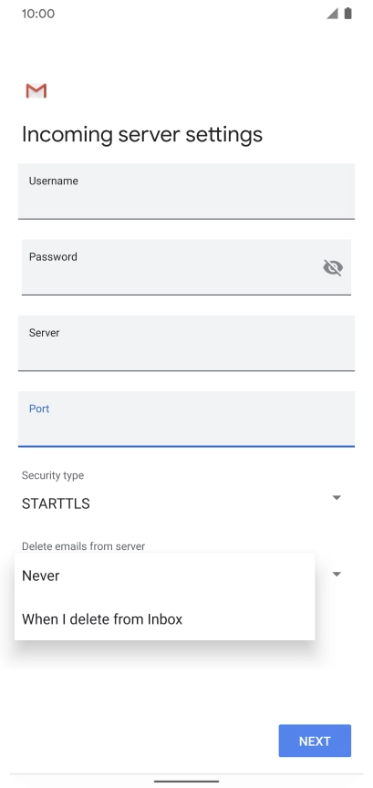 Press Never to keep email messages on the server when you delete them on your phone.