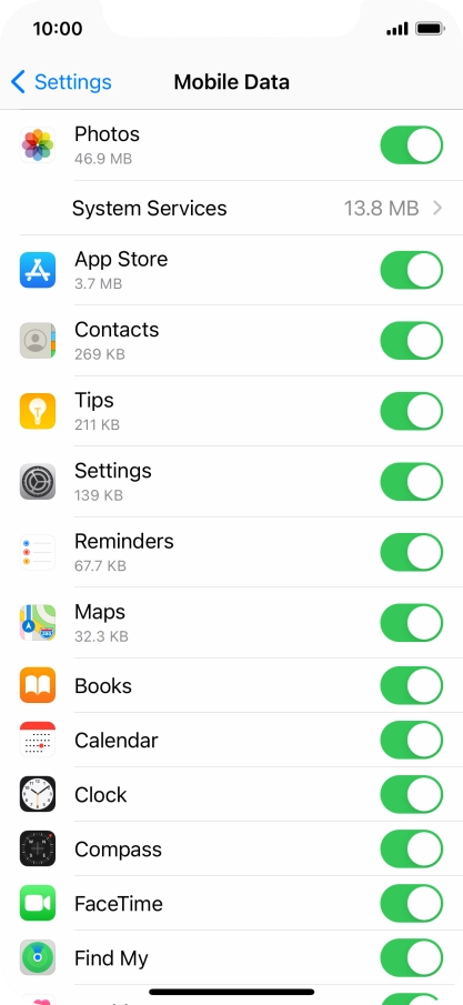 The data usage for each application is displayed below the name of the application. The data usage for each application is displayed below the name of the application.