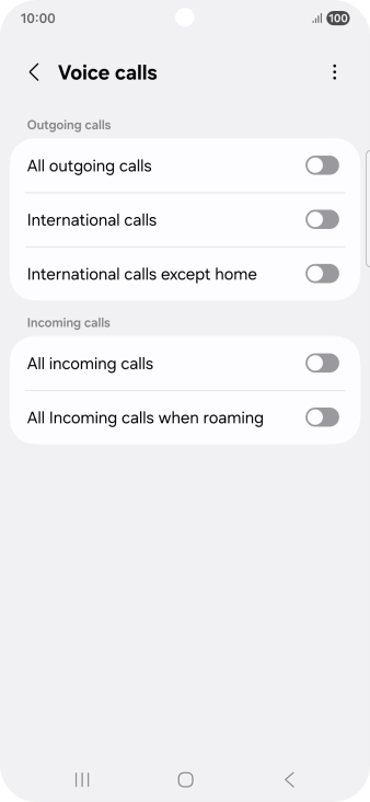 Press the indicator next to the required barring type to turn the function on or off.