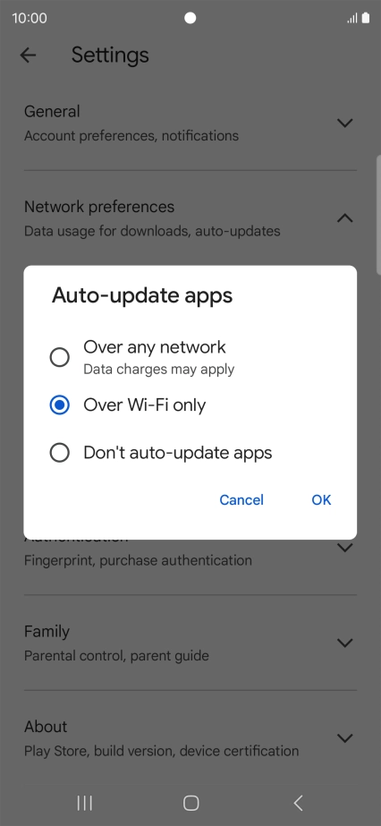 To turn on automatic update of apps using mobile network, press Over any network.