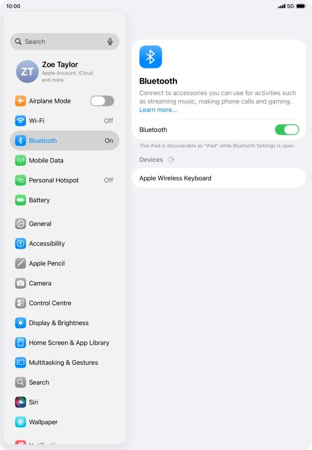 Press the required Bluetooth device and follow the instructions on the screen to pair the device with your tablet. Press the required Bluetooth device and follow the instructions on the screen to pair the device with your tablet.