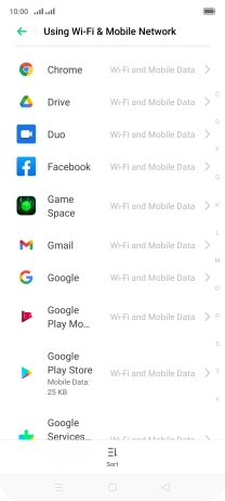 The data usage for each application is displayed below the name of the application. The data usage for each application is displayed below the name of the application.