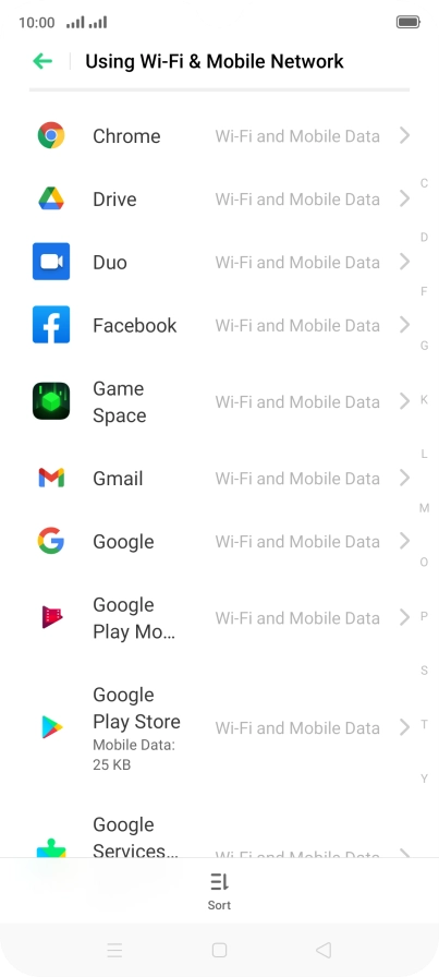 The data usage for each application is displayed below the name of the application. The data usage for each application is displayed below the name of the application.
