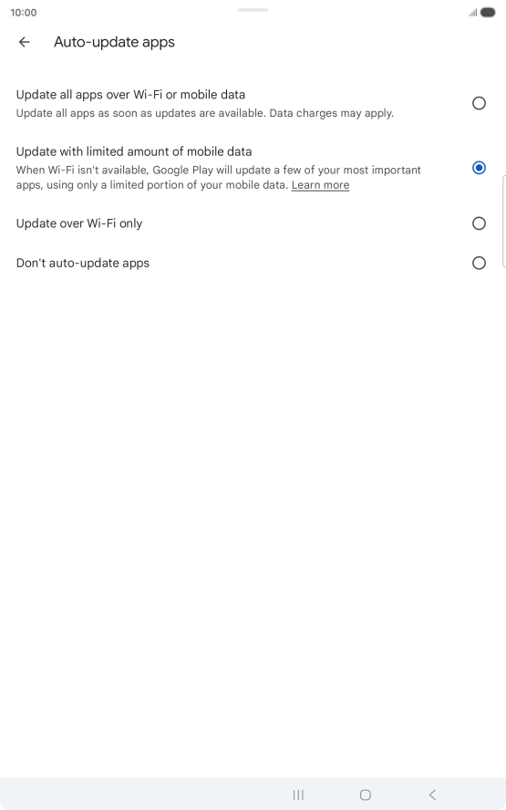 To turn on automatic update of apps using mobile network, press Update all apps over Wi-Fi or mobile data.