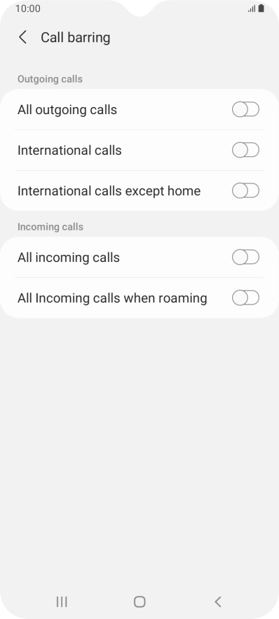 Press the required barring type to turn the function on or off.