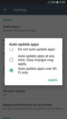 To turn on automatic update of apps using Wi-Fi, press Auto-update apps over Wi-Fi only. To turn on automatic update of apps using Wi-Fi, press Auto-update apps over Wi-Fi only.