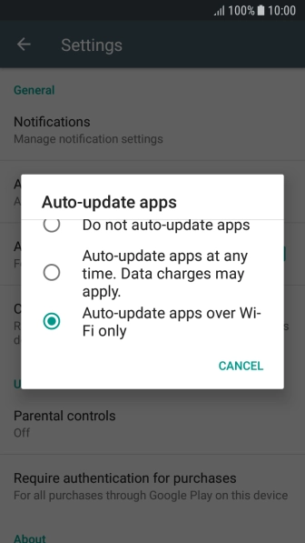 To turn on automatic update of apps using Wi-Fi, press Auto-update apps over Wi-Fi only. To turn on automatic update of apps using Wi-Fi, press Auto-update apps over Wi-Fi only.