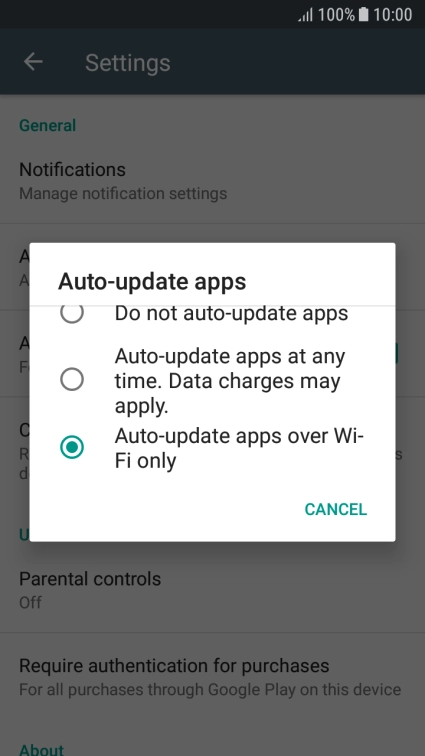 To turn on automatic update of apps using Wi-Fi, press Auto-update apps over Wi-Fi only. To turn on automatic update of apps using Wi-Fi, press Auto-update apps over Wi-Fi only.