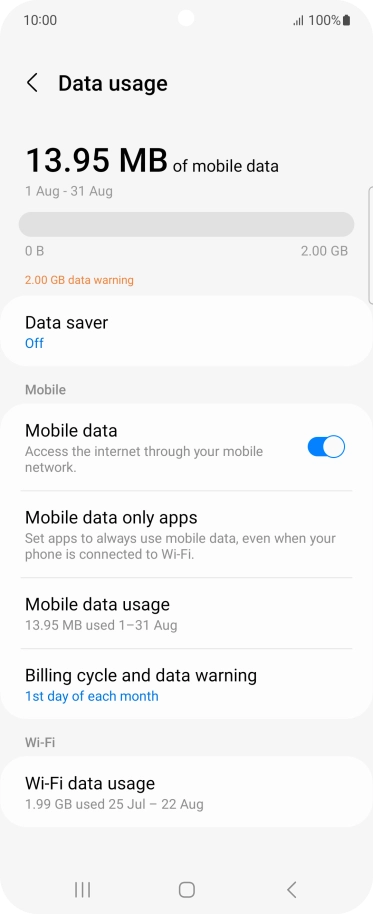 The total data usage is displayed. The total data usage is displayed.
