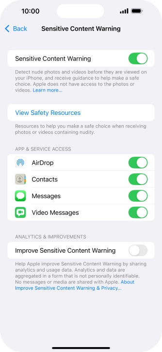 Press the indicators next to the required applications to turn the function on or off.