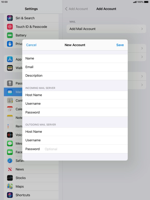 Press Password and key in the password for your email account. Please note that if you're using Vodafone's outgoing server, leave the password field empty.