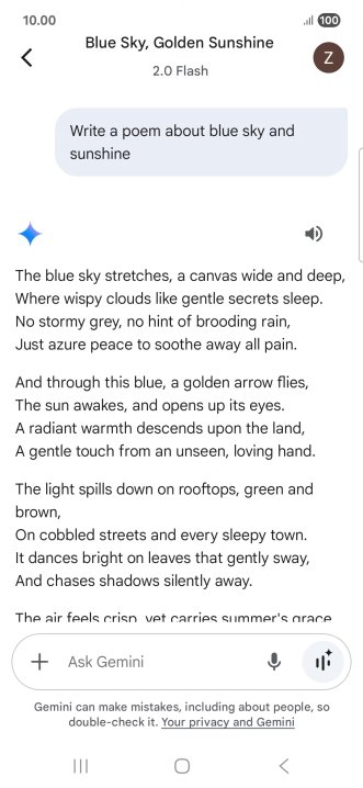 You can ask Gemini to generate a text based on your description. You can ask Gemini to generate a text based on your description.