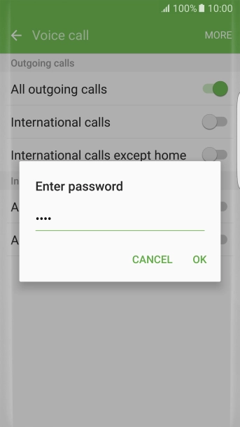 Key in your barring password and press OK. The default barring password is 0000.