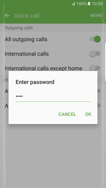 Key in your barring password and press OK. The default barring password is 0000.