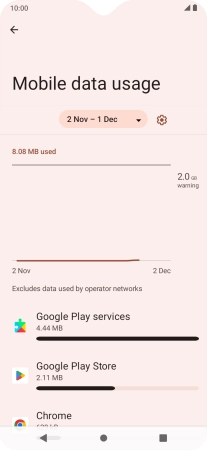 The data usage for each application is displayed below the name of the application. The data usage for each application is displayed below the name of the application.
