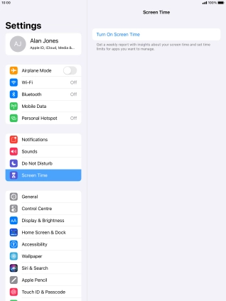 Press Turn On Screen Time. Press Turn On Screen Time.