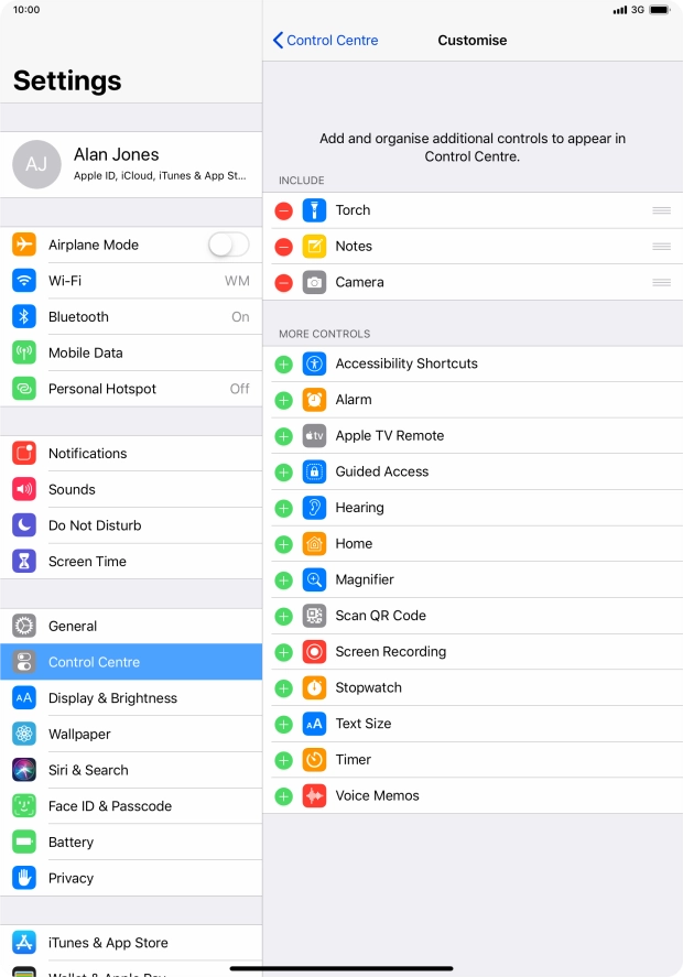 Press the delete icon next to the required function to remove it from Control Centre. Press the delete icon next to the required function to remove it from Control Centre.