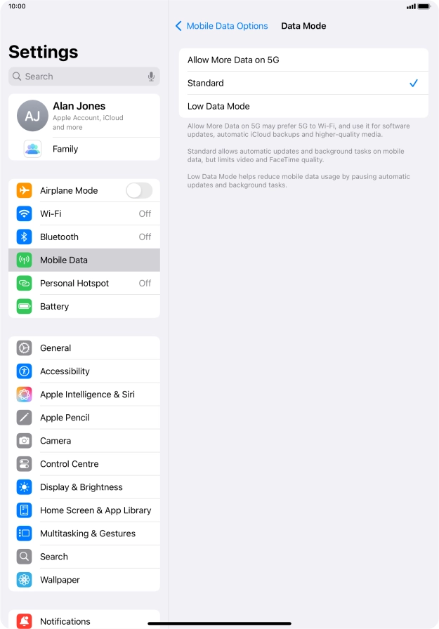 Press the required setting to turn the function on or off.