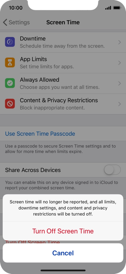 Press Turn Off Screen Time. Press Turn Off Screen Time.
